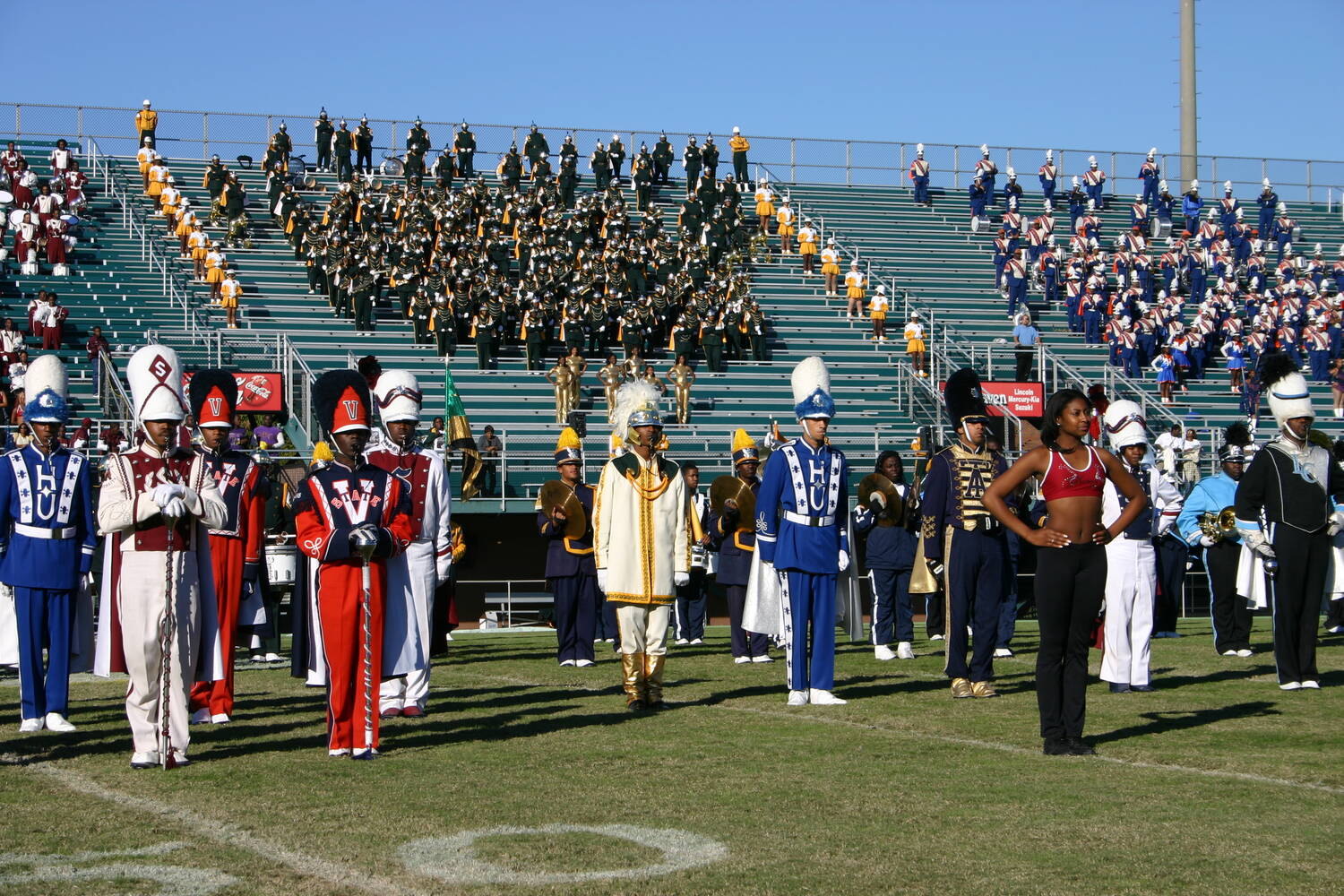 HBCU marching band performing in a packed stadium